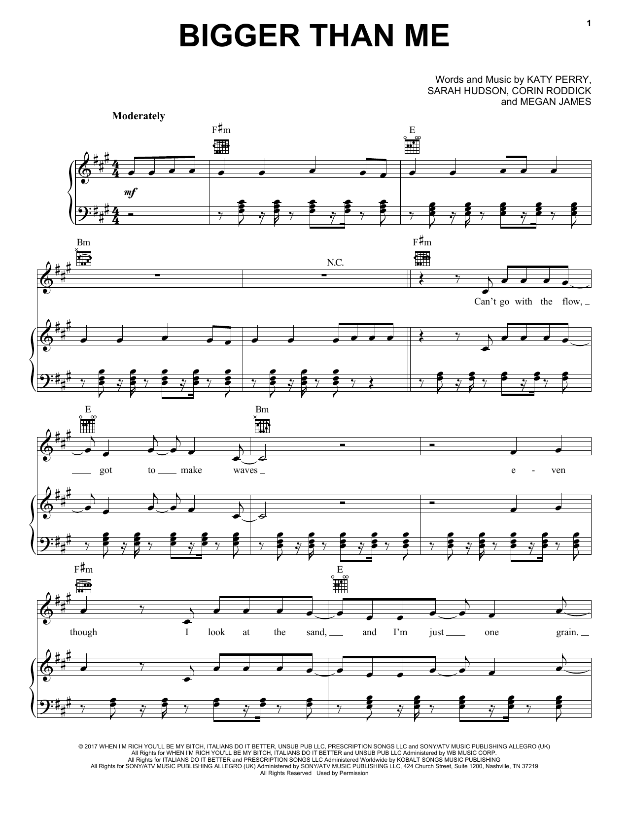 Katy Perry Bigger Than Me sheet music notes and chords arranged for Piano, Vocal & Guitar Chords (Right-Hand Melody)