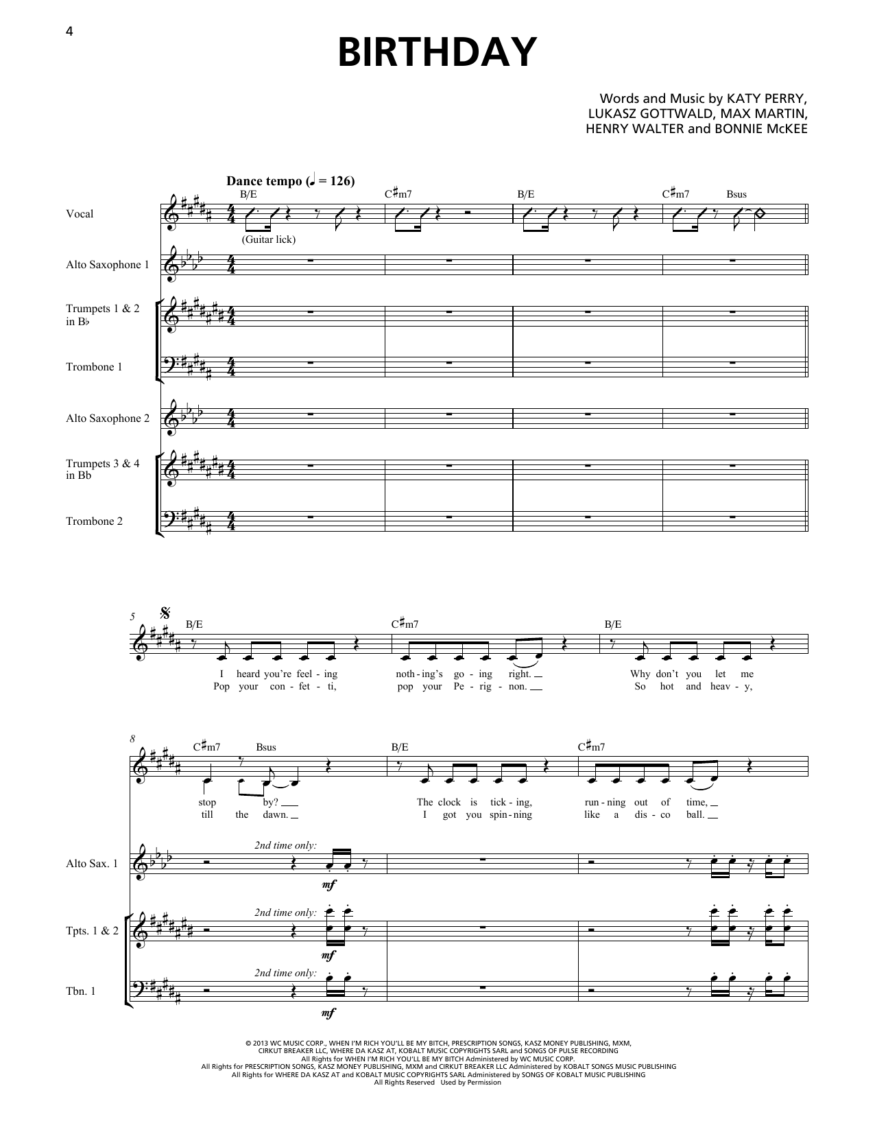 Katy Perry Birthday (Horn Section) sheet music notes and chords arranged for Transcribed Score