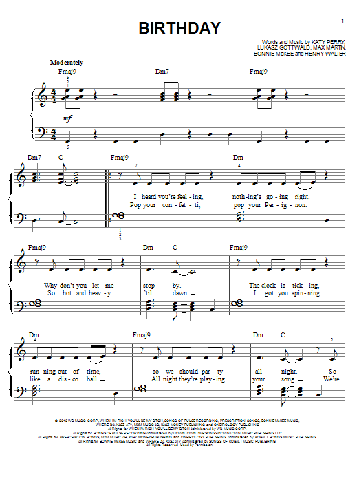 Katy Perry Birthday sheet music notes and chords arranged for Piano, Vocal & Guitar Chords (Right-Hand Melody)