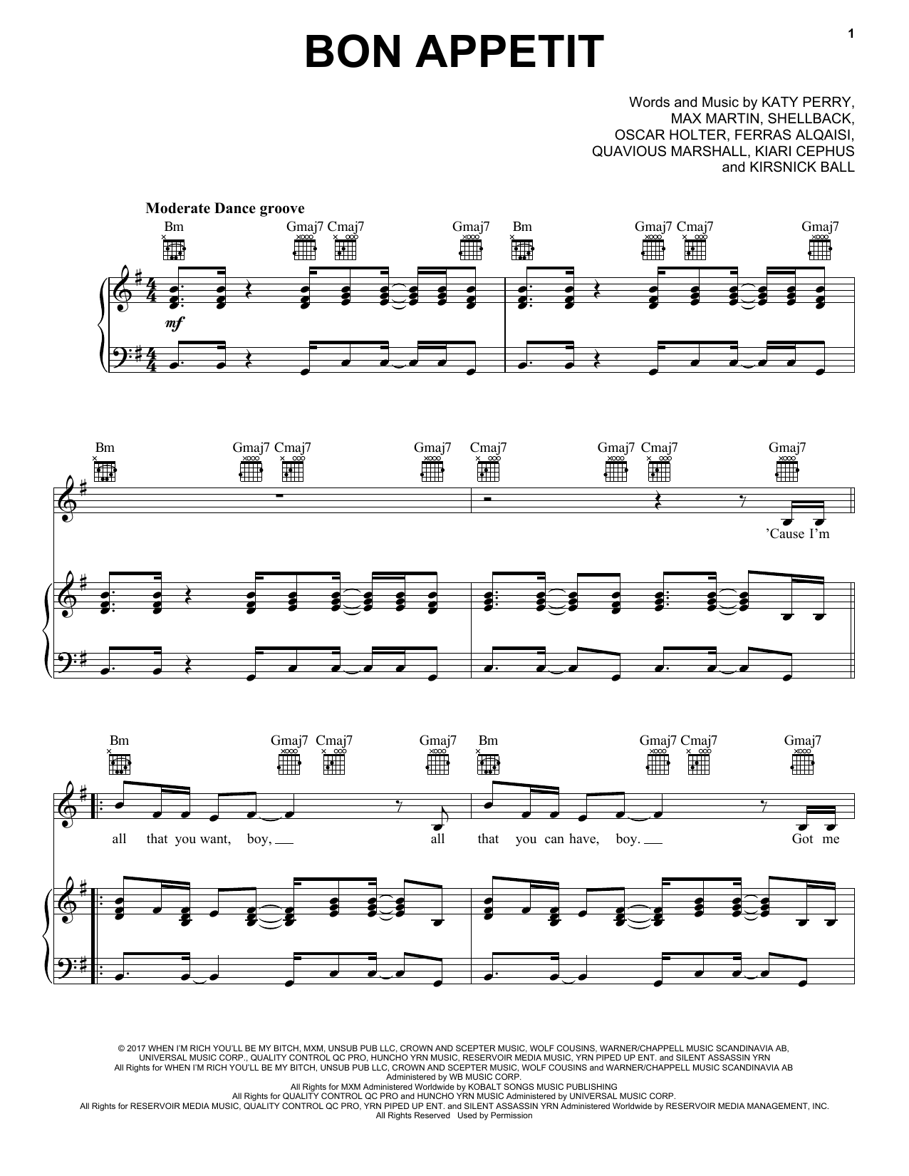 Katy Perry Bon Appetit sheet music notes and chords arranged for Piano, Vocal & Guitar Chords (Right-Hand Melody)
