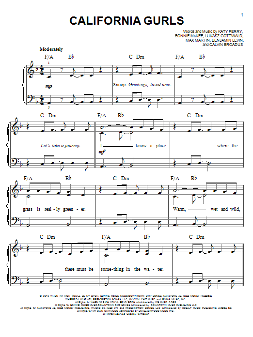 Katy Perry California Gurls sheet music notes and chords arranged for Easy Piano