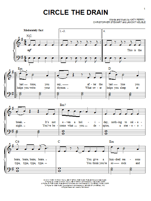 Katy Perry Circle The Drain sheet music notes and chords arranged for Easy Piano