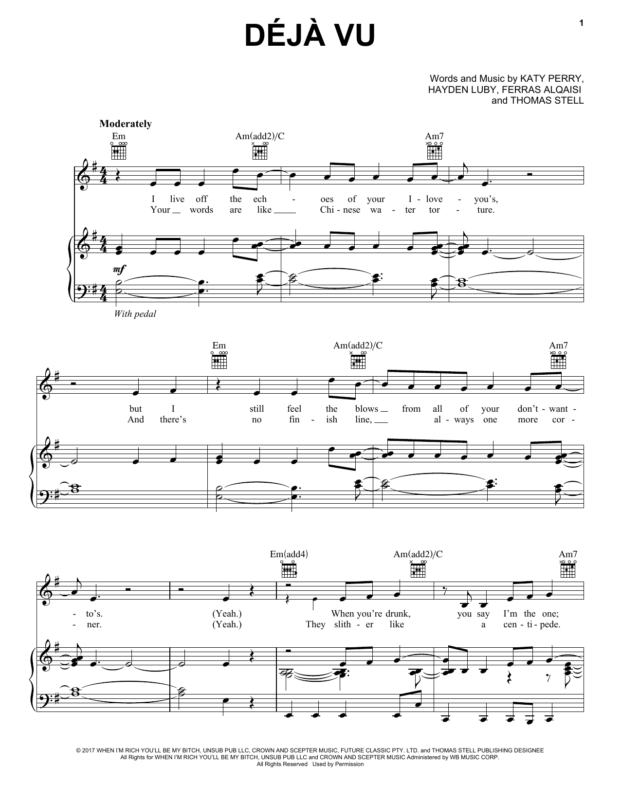 Katy Perry Deja Vu sheet music notes and chords arranged for Piano, Vocal & Guitar Chords (Right-Hand Melody)