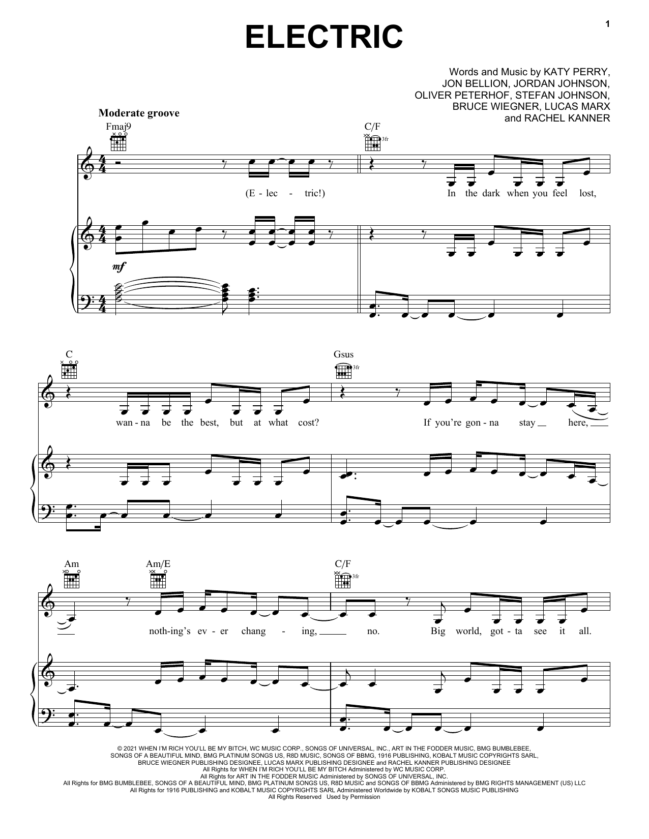 Katy Perry Electric sheet music notes and chords arranged for Piano, Vocal & Guitar Chords (Right-Hand Melody)