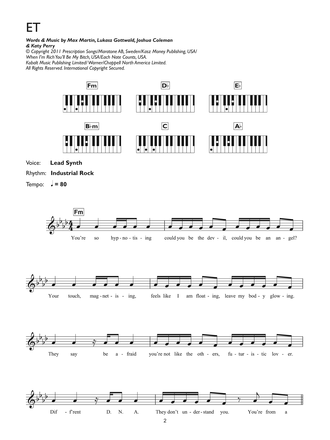 Katy Perry E.T. (featuring Kanye West) sheet music notes and chords arranged for Piano Chords/Lyrics