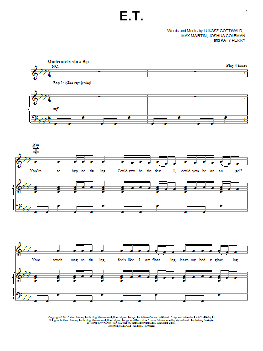 Katy Perry E.T. sheet music notes and chords arranged for Piano, Vocal & Guitar Chords