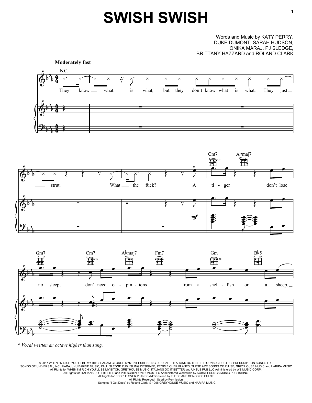 Katy Perry feat. Nicki Minaj Swish Swish sheet music notes and chords arranged for Piano, Vocal & Guitar Chords (Right-Hand Melody)