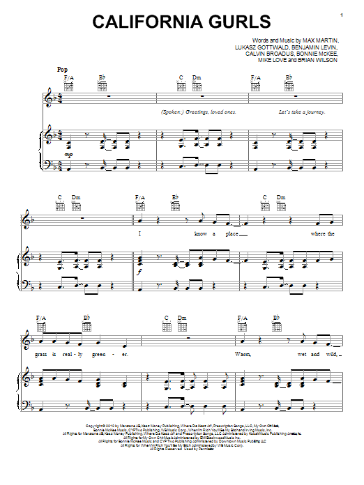 Katy Perry featuring Snoop Dogg California Gurls sheet music notes and chords arranged for Piano, Vocal & Guitar Chords