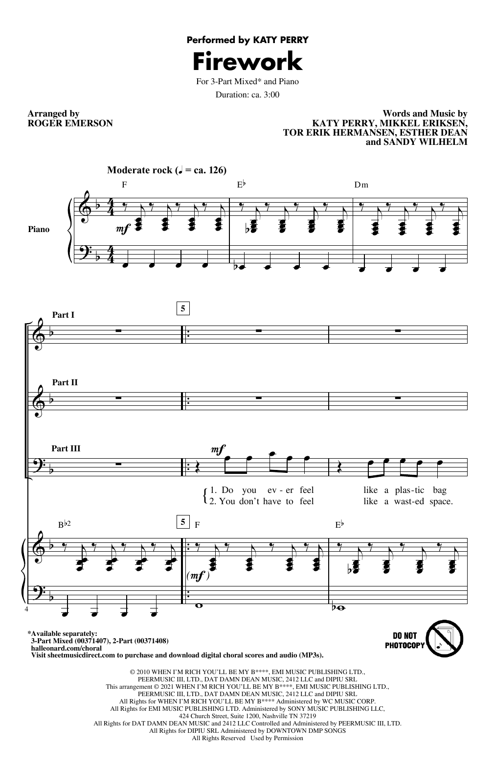 Katy Perry Firework (arr. Roger Emerson) sheet music notes and chords arranged for 2-Part Choir
