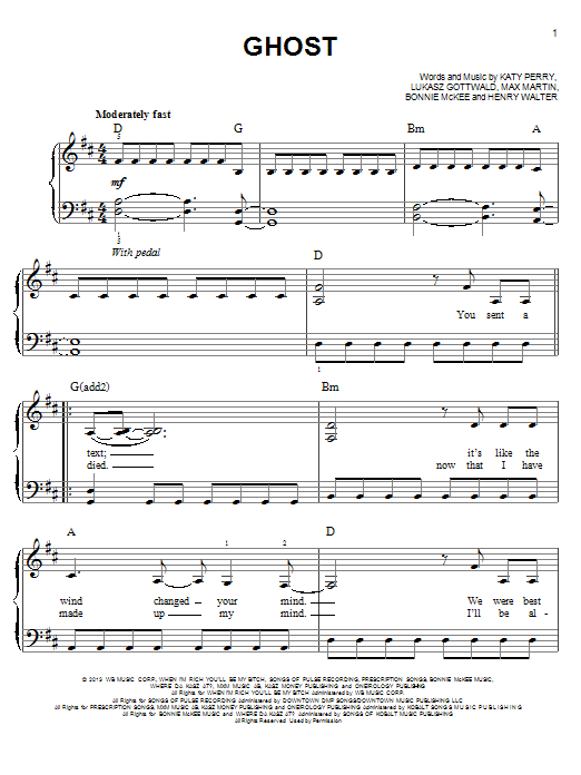 Katy Perry Ghost sheet music notes and chords arranged for Piano, Vocal & Guitar Chords (Right-Hand Melody)