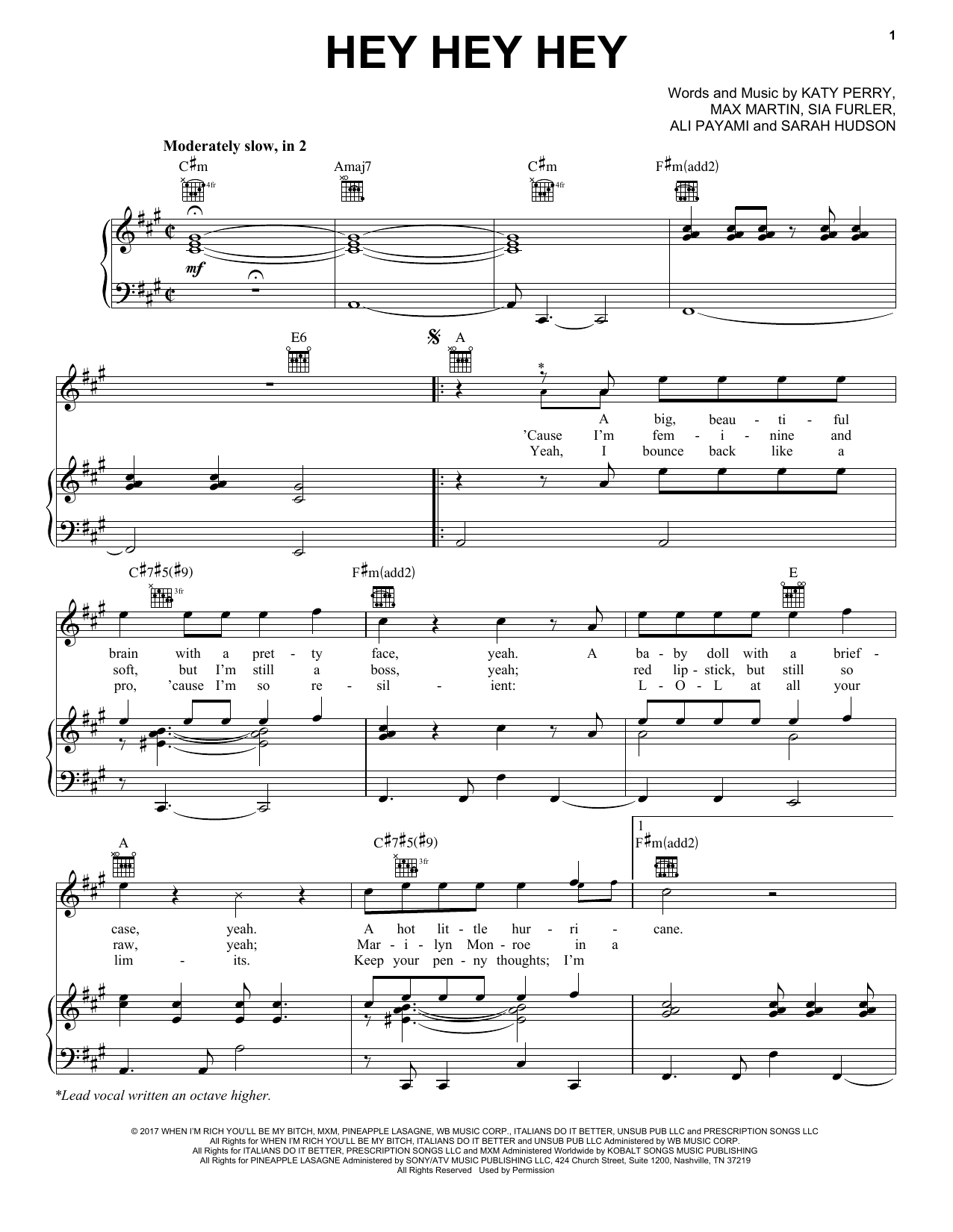 Katy Perry Hey Hey Hey sheet music notes and chords arranged for Piano, Vocal & Guitar Chords (Right-Hand Melody)