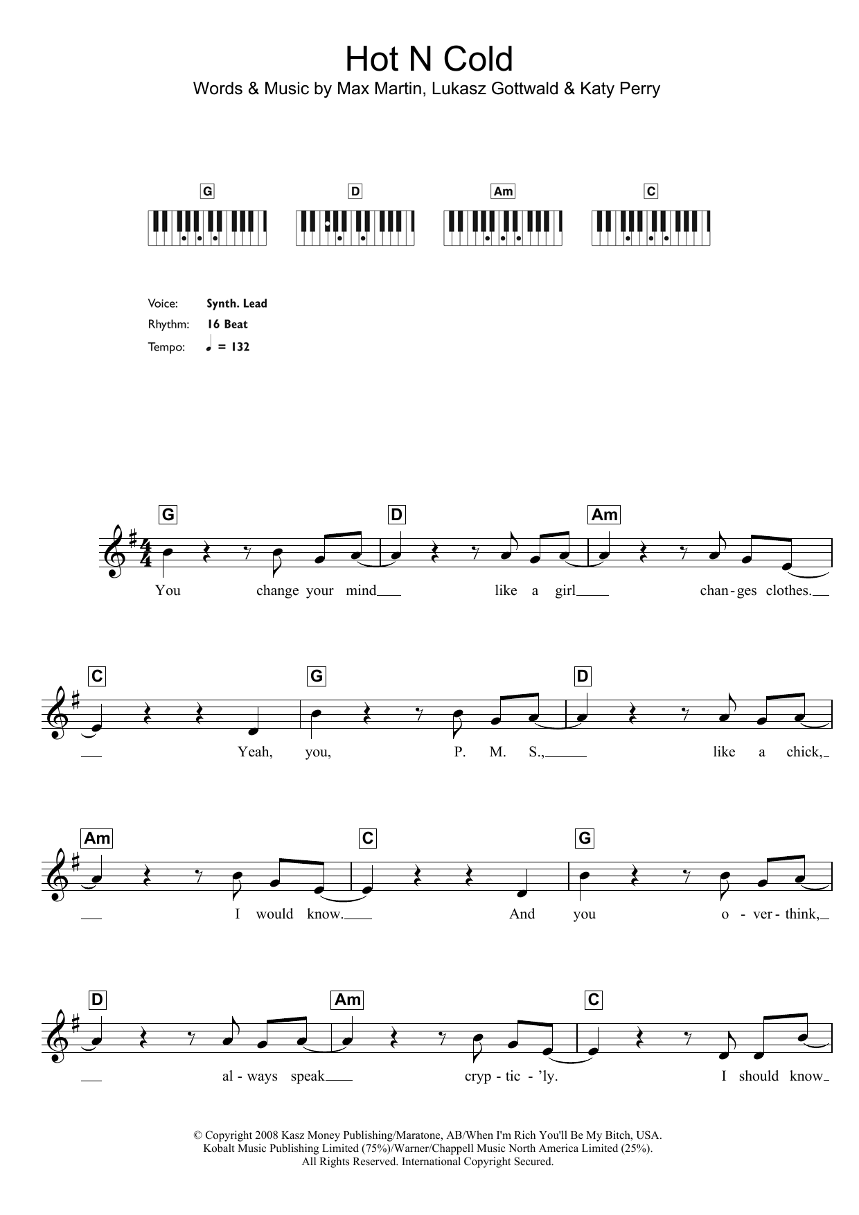 Katy Perry Hot N Cold sheet music notes and chords arranged for Piano Chords/Lyrics