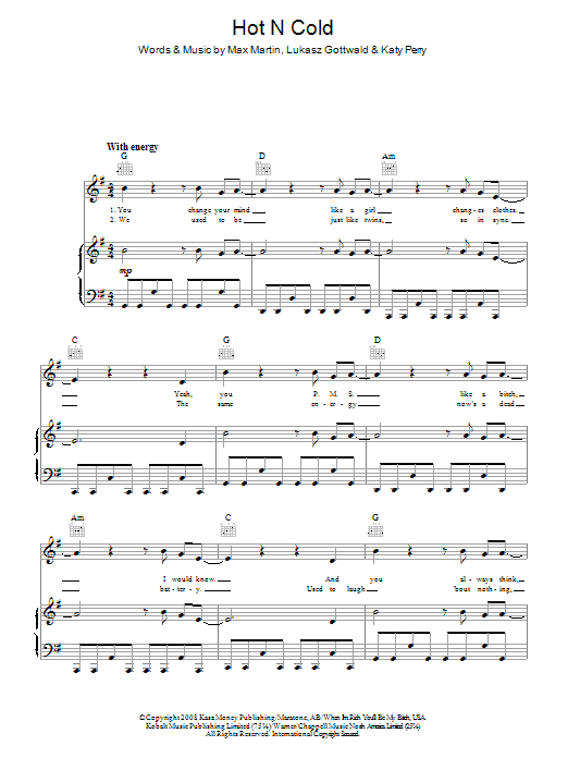 Katy Perry Hot N Cold sheet music notes and chords arranged for Piano, Vocal & Guitar Chords (Right-Hand Melody)