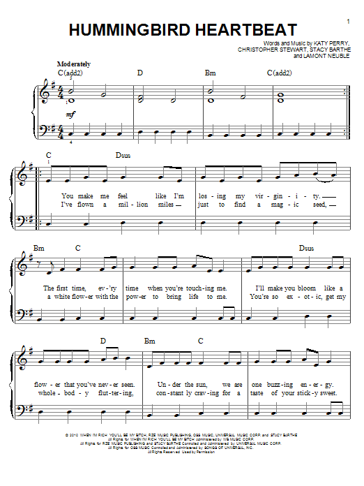 Katy Perry Hummingbird Heartbeat sheet music notes and chords arranged for Easy Piano