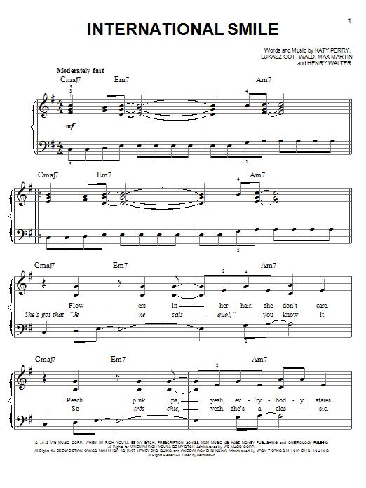 Katy Perry International Smile sheet music notes and chords arranged for Easy Piano