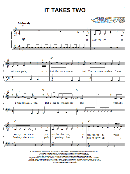 Katy Perry It Takes Two sheet music notes and chords arranged for Piano, Vocal & Guitar Chords (Right-Hand Melody)