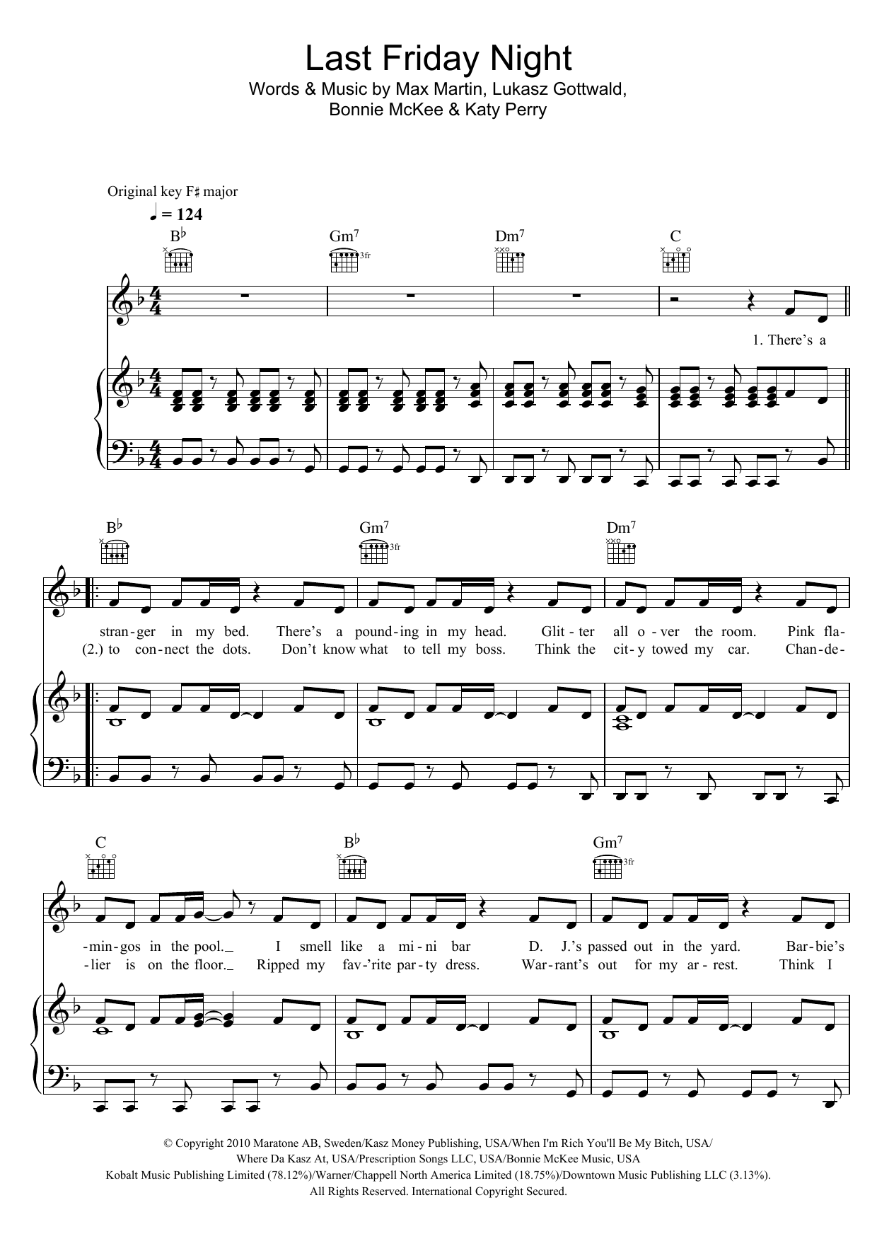 Katy Perry Last Friday Night sheet music notes and chords arranged for Piano, Vocal & Guitar Chords