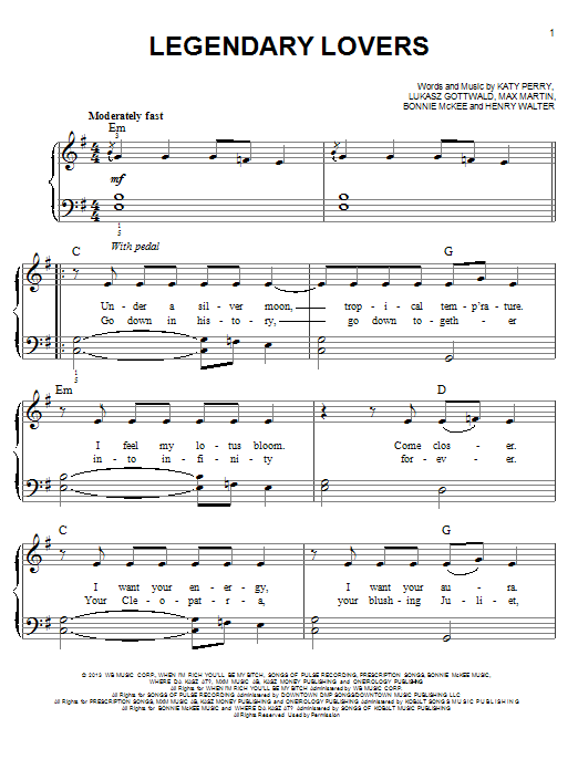 Katy Perry Legendary Lovers sheet music notes and chords arranged for Piano, Vocal & Guitar Chords (Right-Hand Melody)