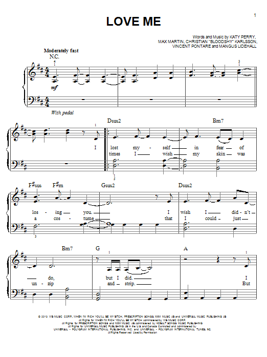 Katy Perry Love Me sheet music notes and chords arranged for Piano, Vocal & Guitar Chords (Right-Hand Melody)