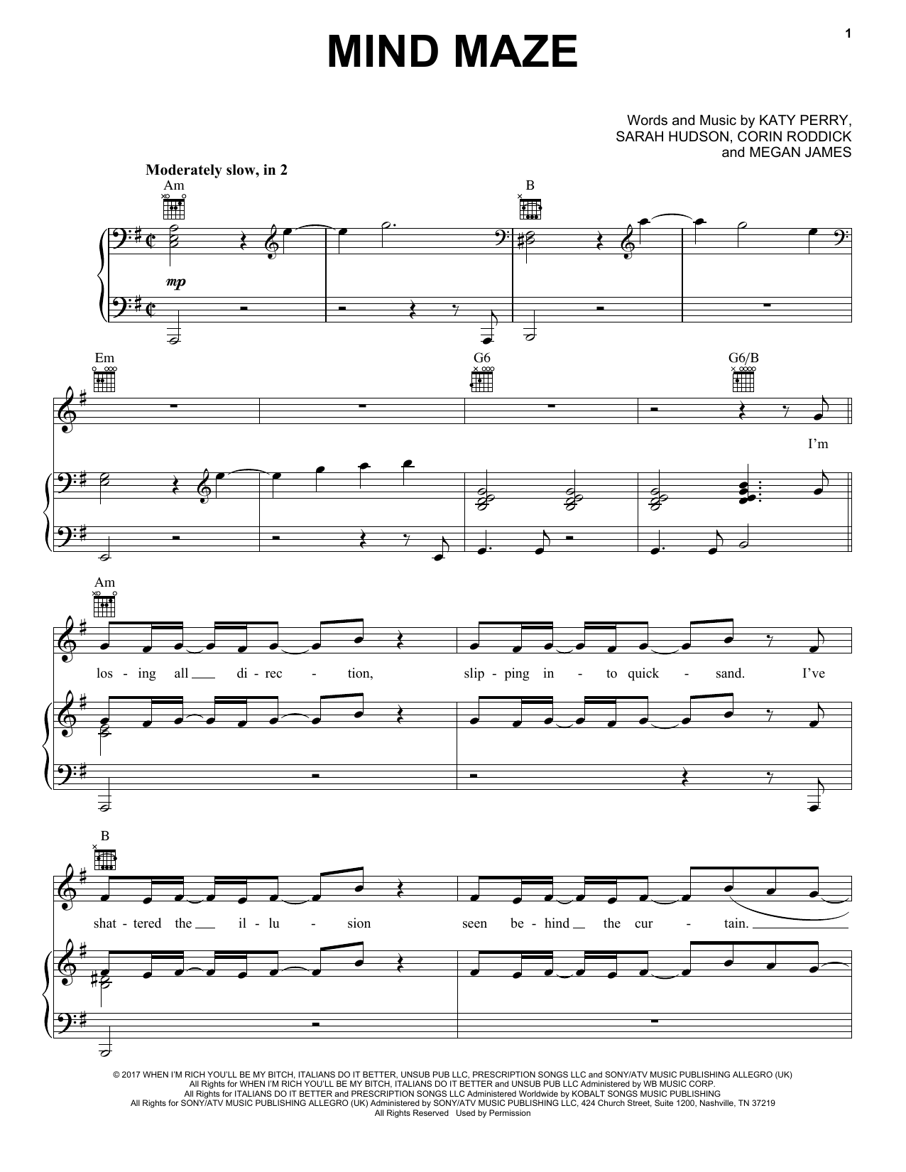 Katy Perry Mind Maze sheet music notes and chords arranged for Piano, Vocal & Guitar Chords (Right-Hand Melody)
