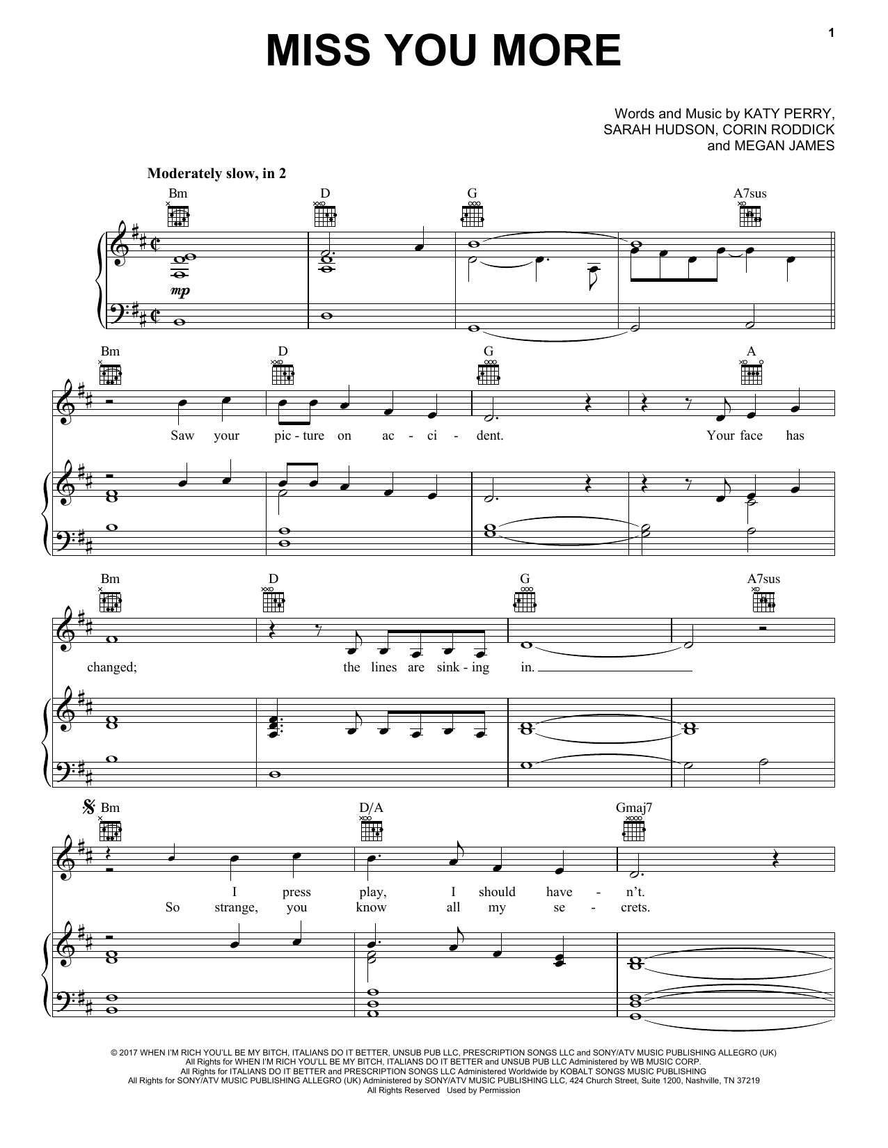 Katy Perry Miss You More sheet music notes and chords arranged for Piano, Vocal & Guitar Chords (Right-Hand Melody)