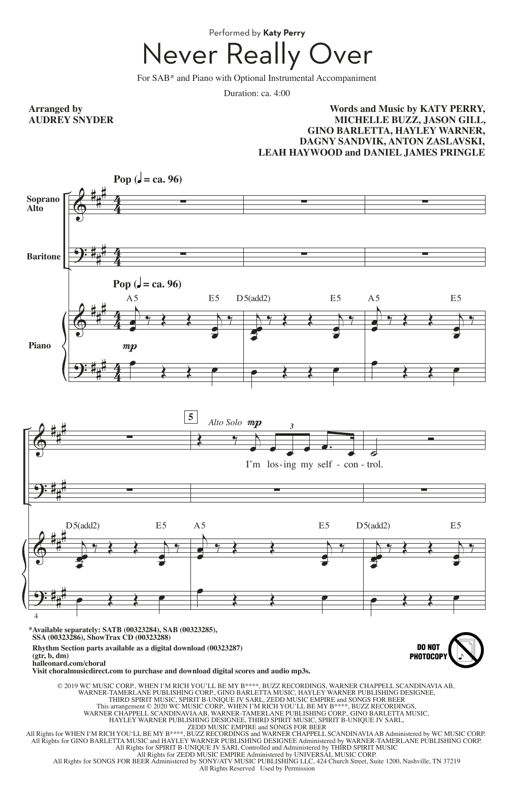 Katy Perry Never Really Over (arr. Audrey Snyder) sheet music notes and chords arranged for SSA Choir