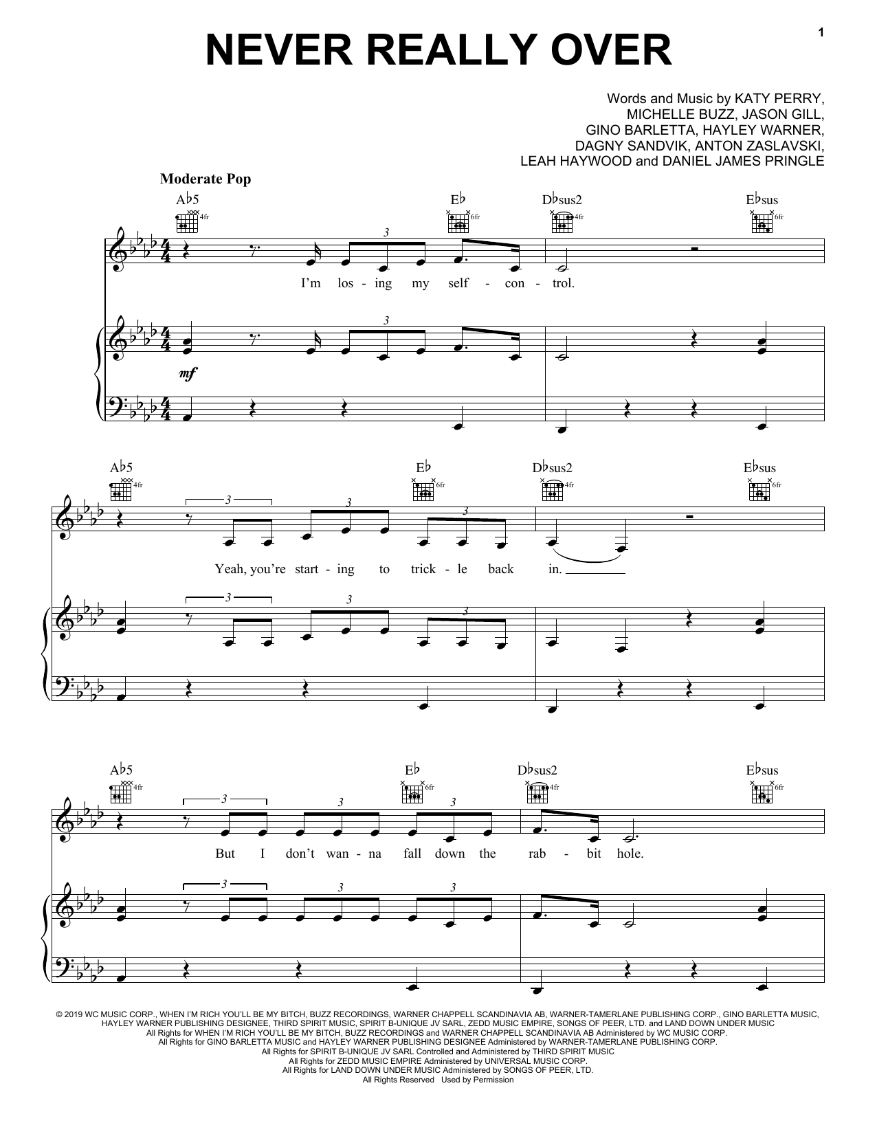 Katy Perry Never Really Over sheet music notes and chords arranged for Piano, Vocal & Guitar Chords (Right-Hand Melody)