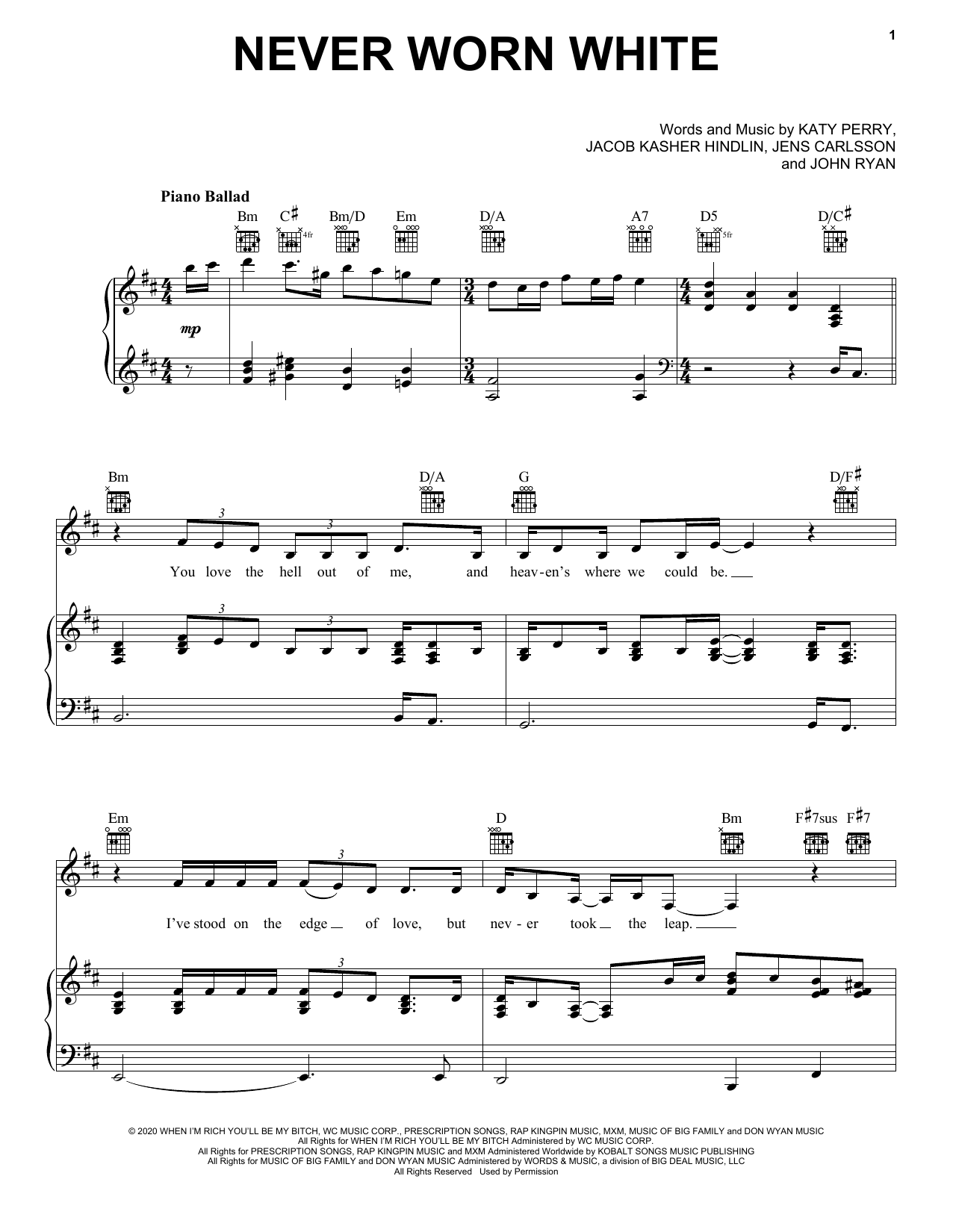 Katy Perry Never Worn White sheet music notes and chords arranged for Piano, Vocal & Guitar Chords (Right-Hand Melody)