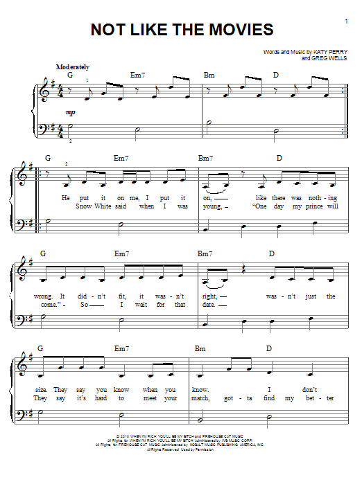 Katy Perry Not Like The Movies sheet music notes and chords arranged for Easy Piano
