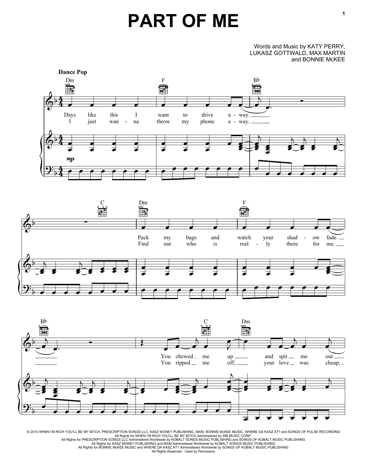 Katy Perry Part Of Me sheet music notes and chords arranged for Piano, Vocal & Guitar Chords