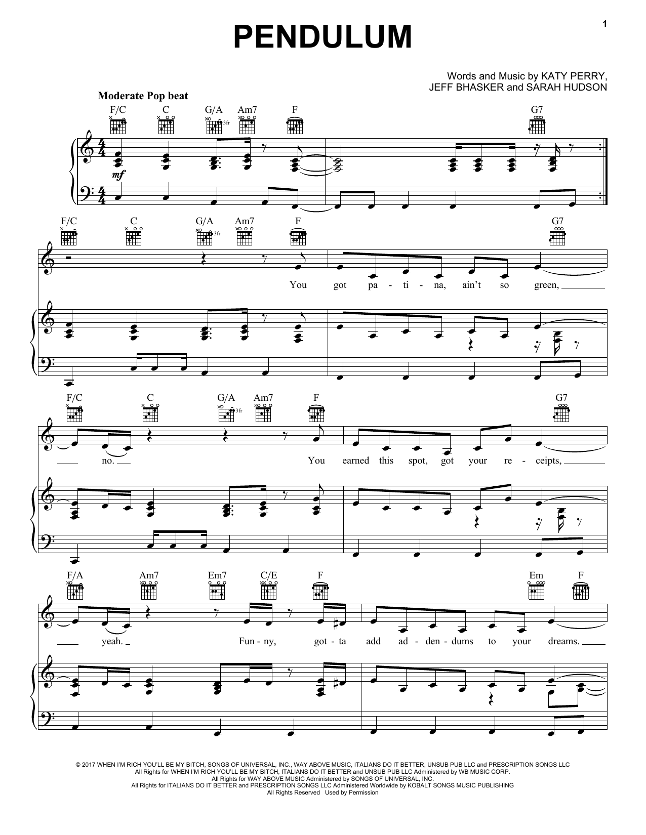 Katy Perry Pendulum sheet music notes and chords arranged for Piano, Vocal & Guitar Chords (Right-Hand Melody)