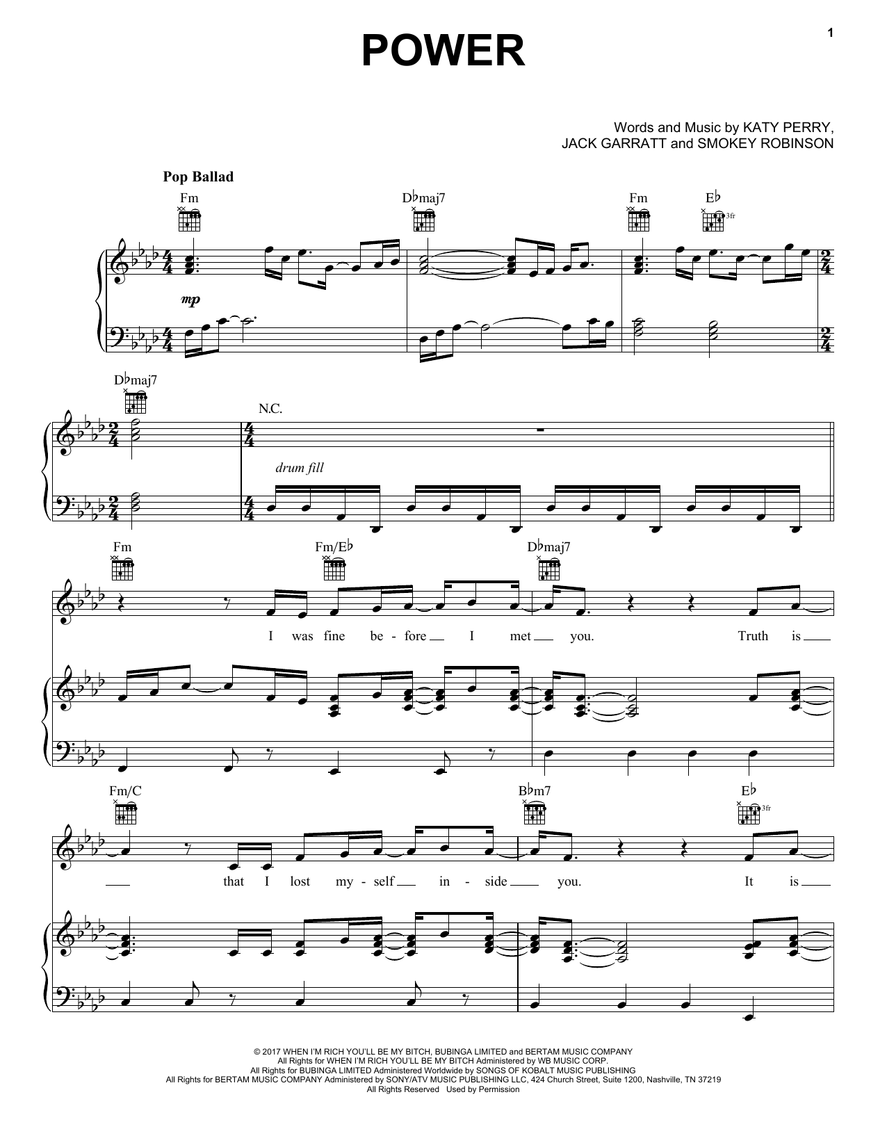 Katy Perry Power sheet music notes and chords arranged for Piano, Vocal & Guitar Chords (Right-Hand Melody)