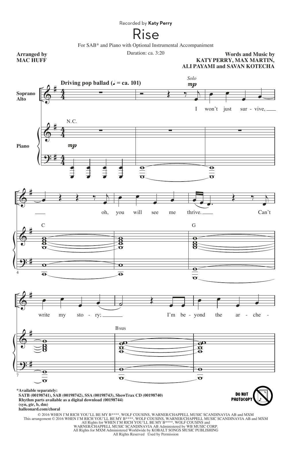 Katy Perry Rise (arr. Mac Huff) sheet music notes and chords arranged for SAB Choir