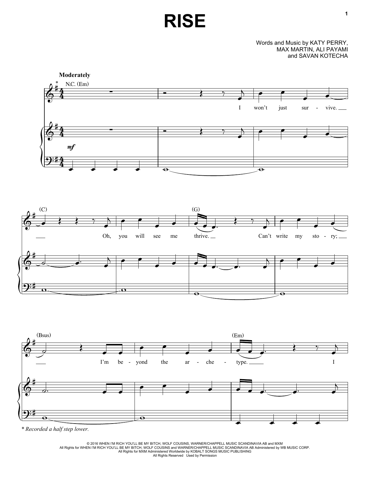 Katy Perry Rise sheet music notes and chords arranged for Piano, Vocal & Guitar Chords (Right-Hand Melody)