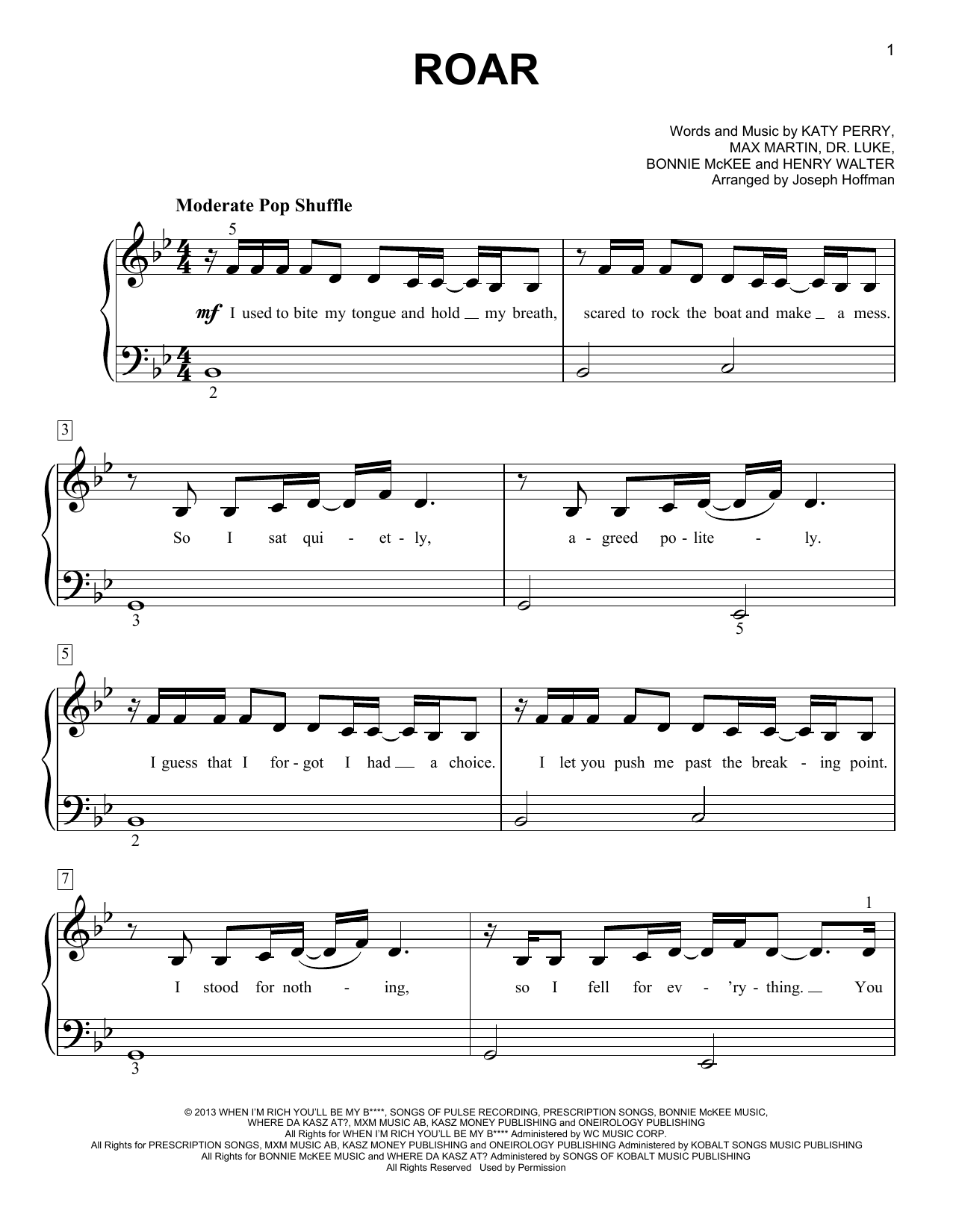 Katy Perry Roar (arr. Joseph Hoffman) sheet music notes and chords arranged for Easy Piano