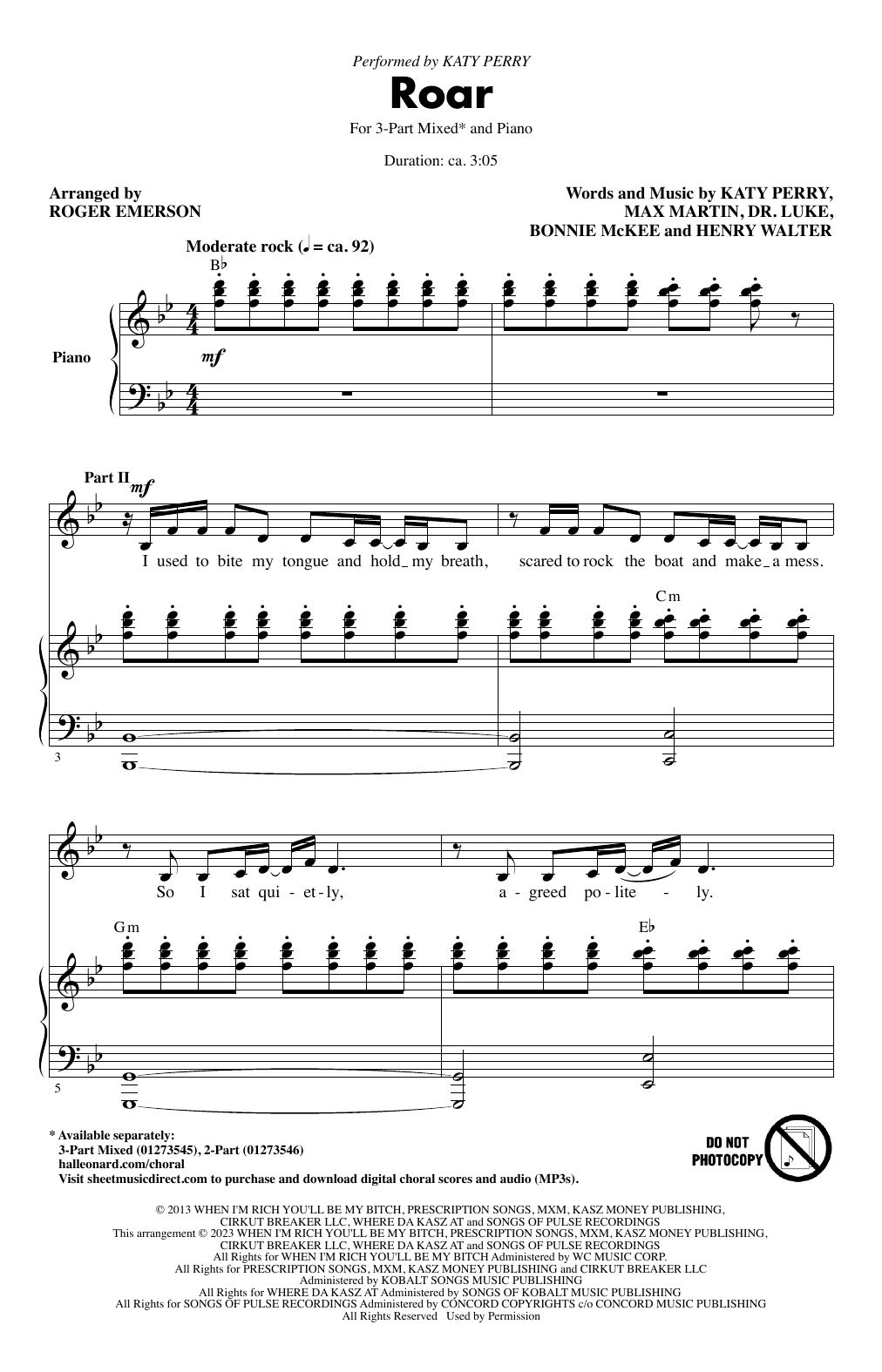 Katy Perry Roar (arr. Roger Emerson) sheet music notes and chords arranged for 3-Part Mixed Choir