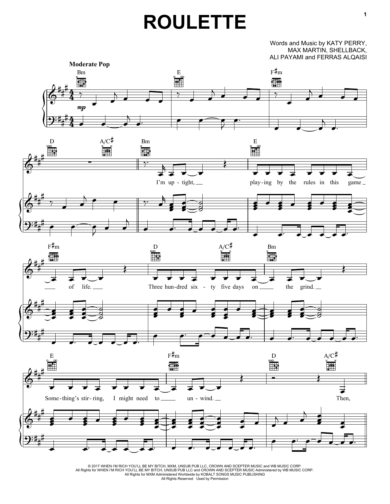 Katy Perry Roulette sheet music notes and chords arranged for Piano, Vocal & Guitar Chords (Right-Hand Melody)