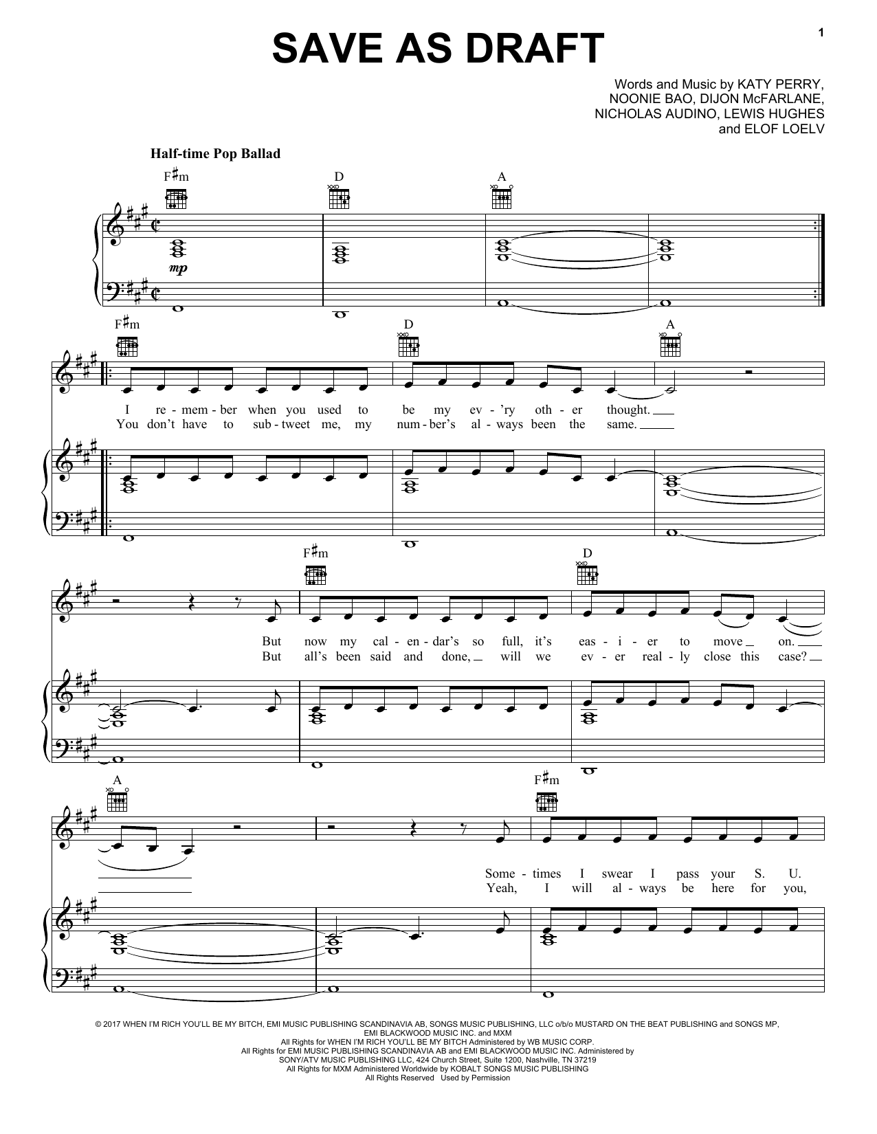 Katy Perry Save As Draft sheet music notes and chords arranged for Piano, Vocal & Guitar Chords (Right-Hand Melody)