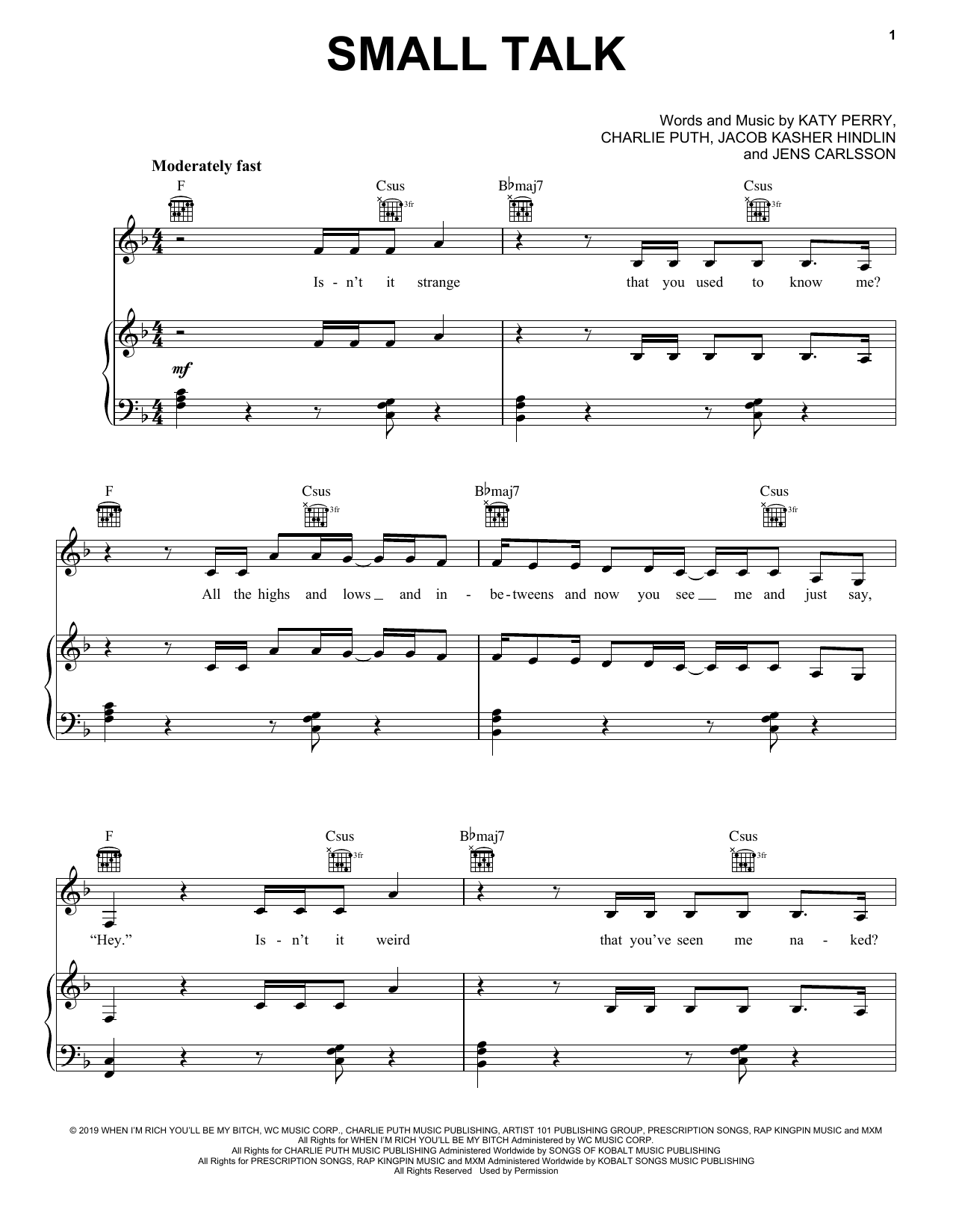 Katy Perry Small Talk sheet music notes and chords arranged for Piano, Vocal & Guitar Chords (Right-Hand Melody)