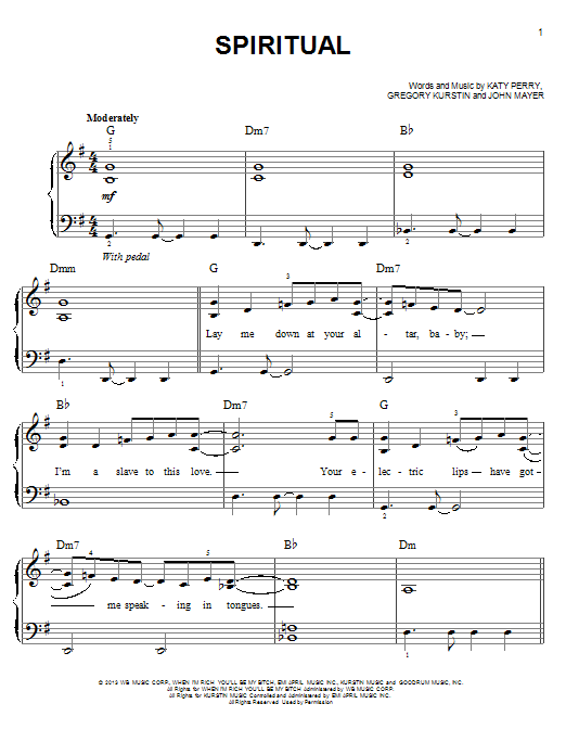 Katy Perry Spiritual sheet music notes and chords arranged for Piano, Vocal & Guitar Chords (Right-Hand Melody)