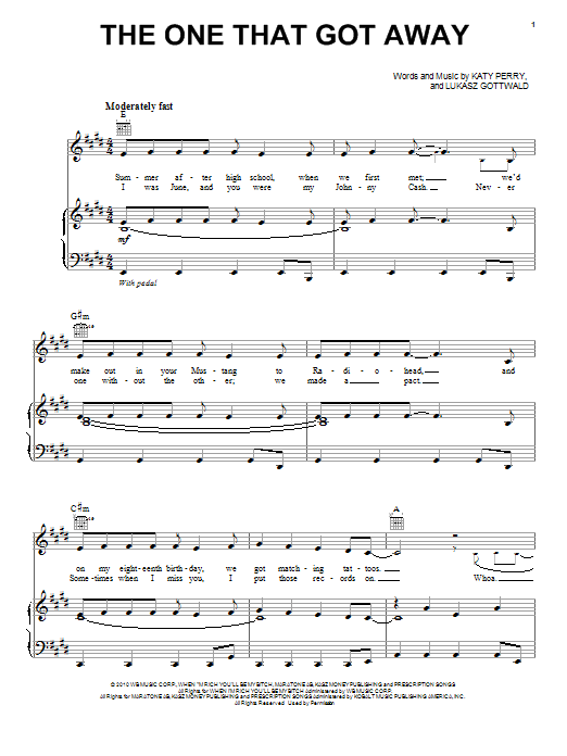 Katy Perry The One That Got Away sheet music notes and chords arranged for Piano, Vocal & Guitar Chords