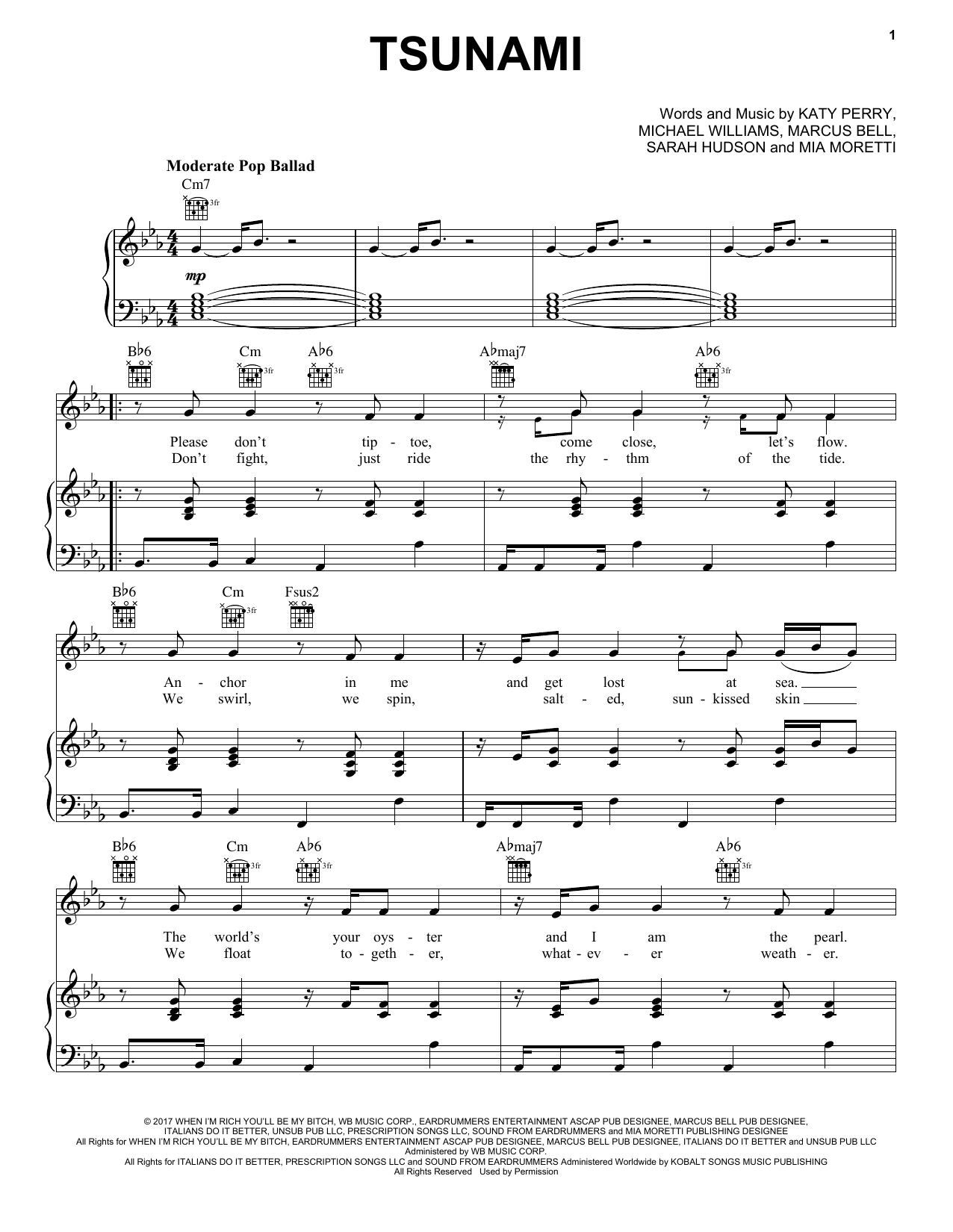 Katy Perry Tsunami sheet music notes and chords arranged for Piano, Vocal & Guitar Chords (Right-Hand Melody)