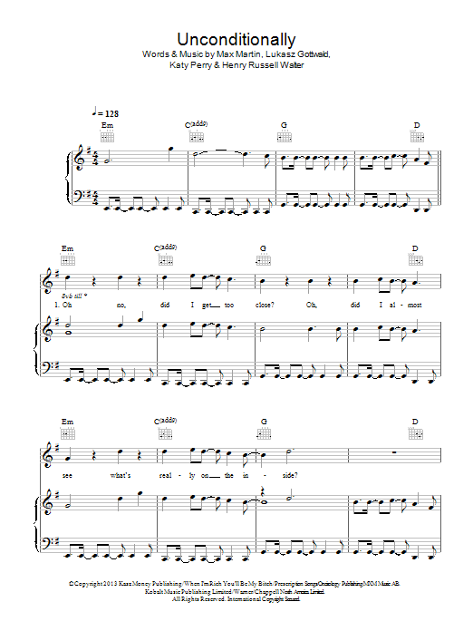 Katy Perry Unconditionally sheet music notes and chords arranged for Easy Piano