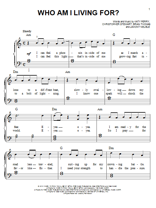 Katy Perry Who Am I Living For? sheet music notes and chords arranged for Easy Piano