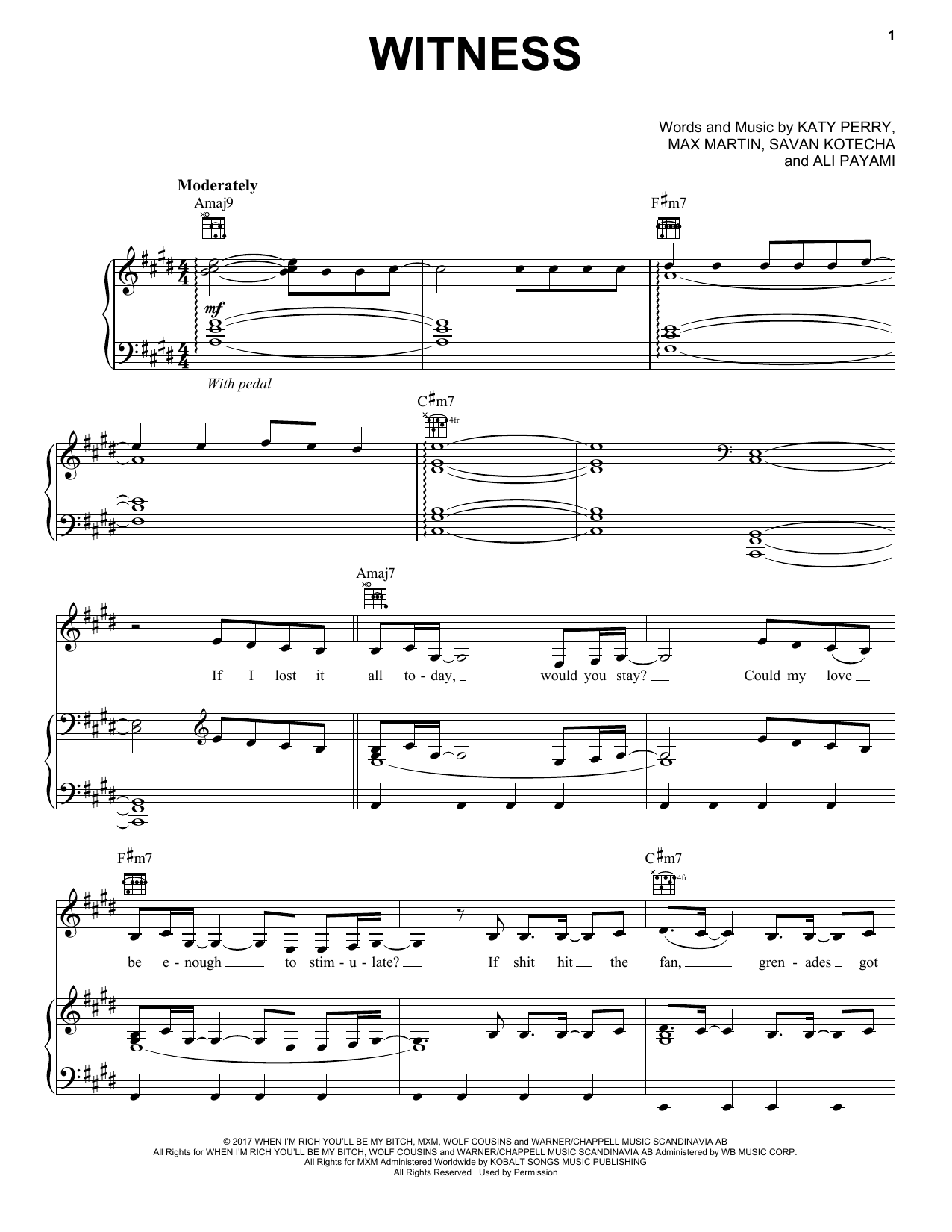 Katy Perry Witness sheet music notes and chords arranged for Piano, Vocal & Guitar Chords (Right-Hand Melody)