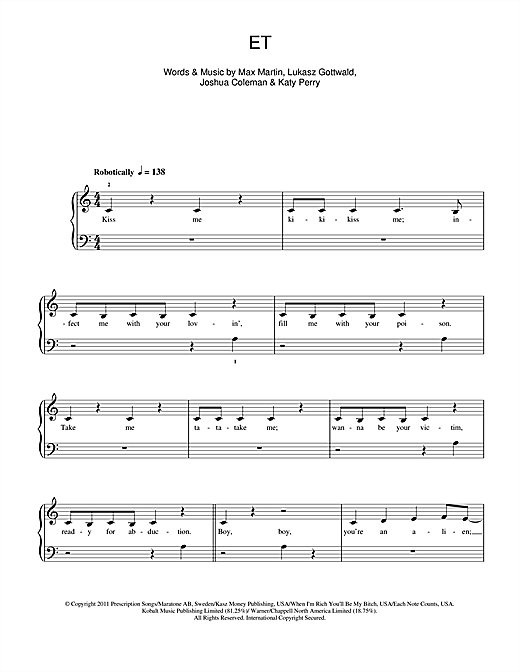 Katy Perry E.T. (feat. Kanye West) sheet music notes and chords arranged for 5-Finger Piano