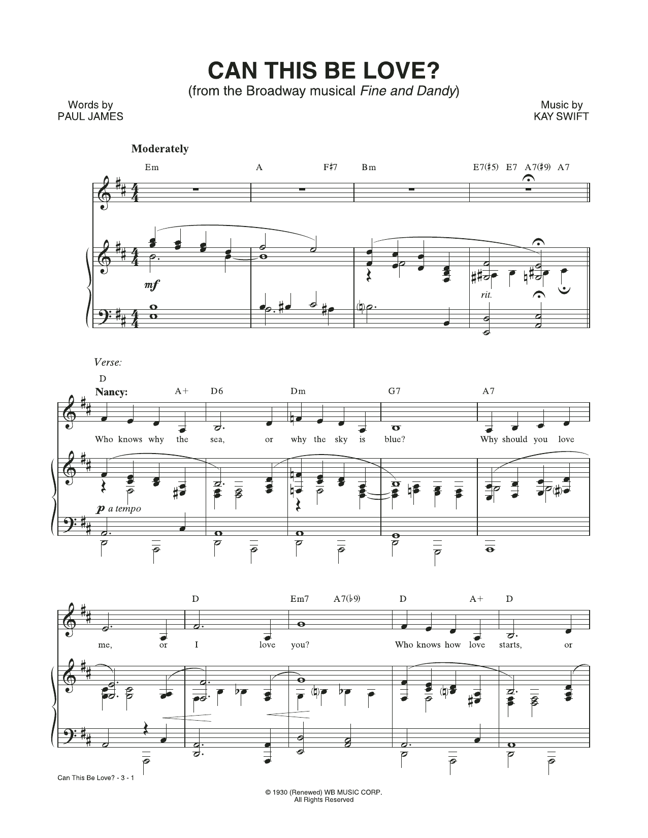 Kay Swift & Paul James Can This Be Love? (from the musical Fine and Dandy) sheet music notes and chords arranged for Piano & Vocal