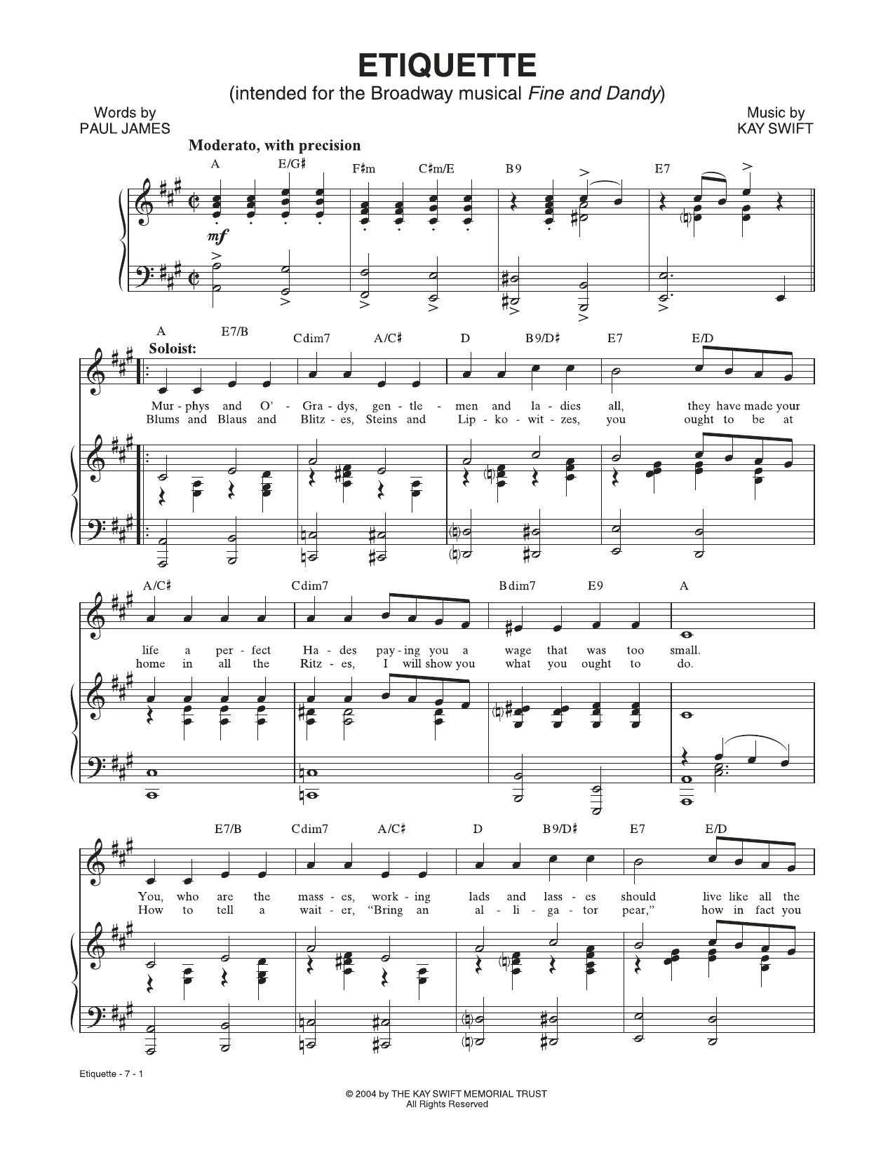 Kay Swift & Paul James Etiquette (from the musical Fine and Dandy) sheet music notes and chords arranged for Piano & Vocal