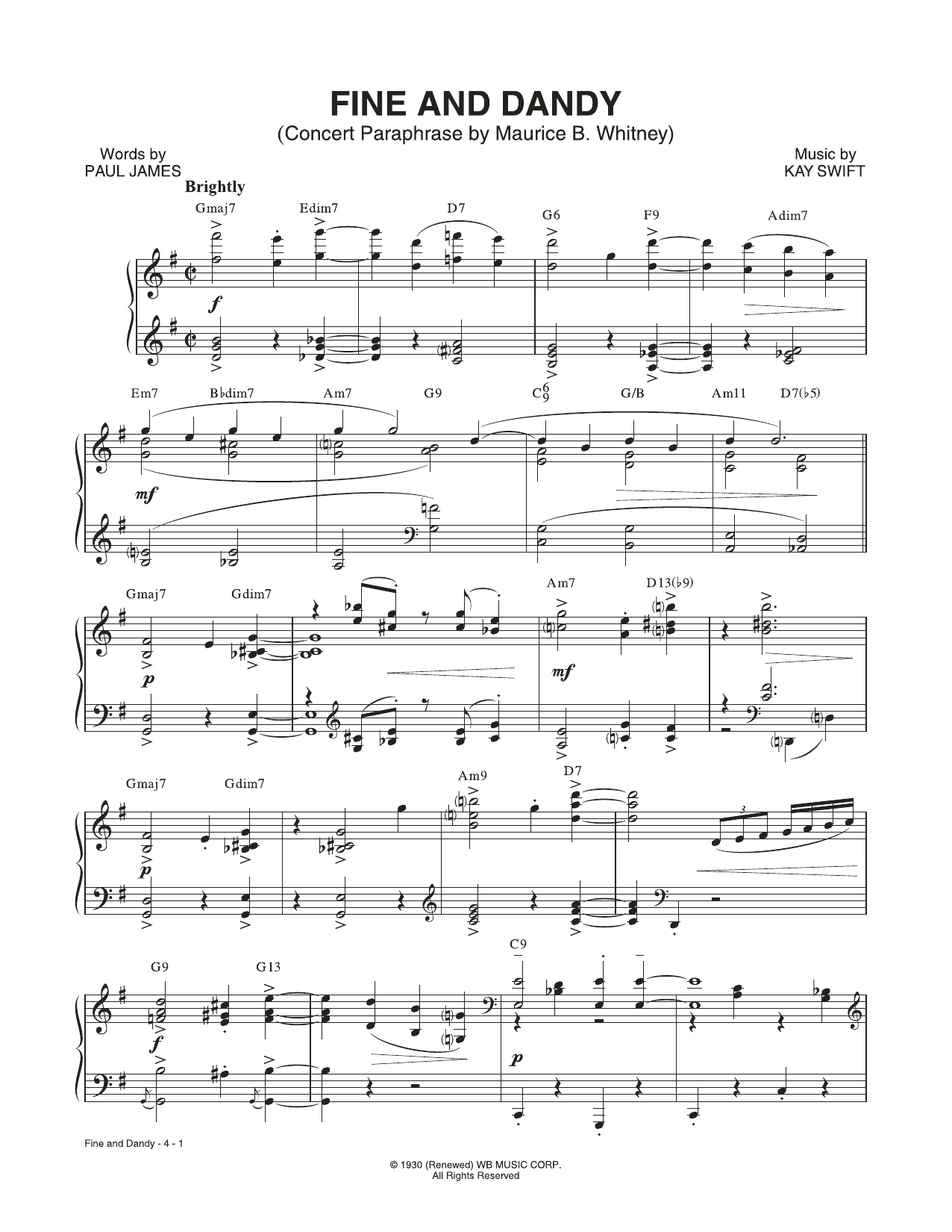 Kay Swift & Paul James Fine And Dandy (Concert Paraphrase by Maurice B. Whitney) (from the musical Fine and Dandy) sheet music notes and chords arranged for Piano & Vocal