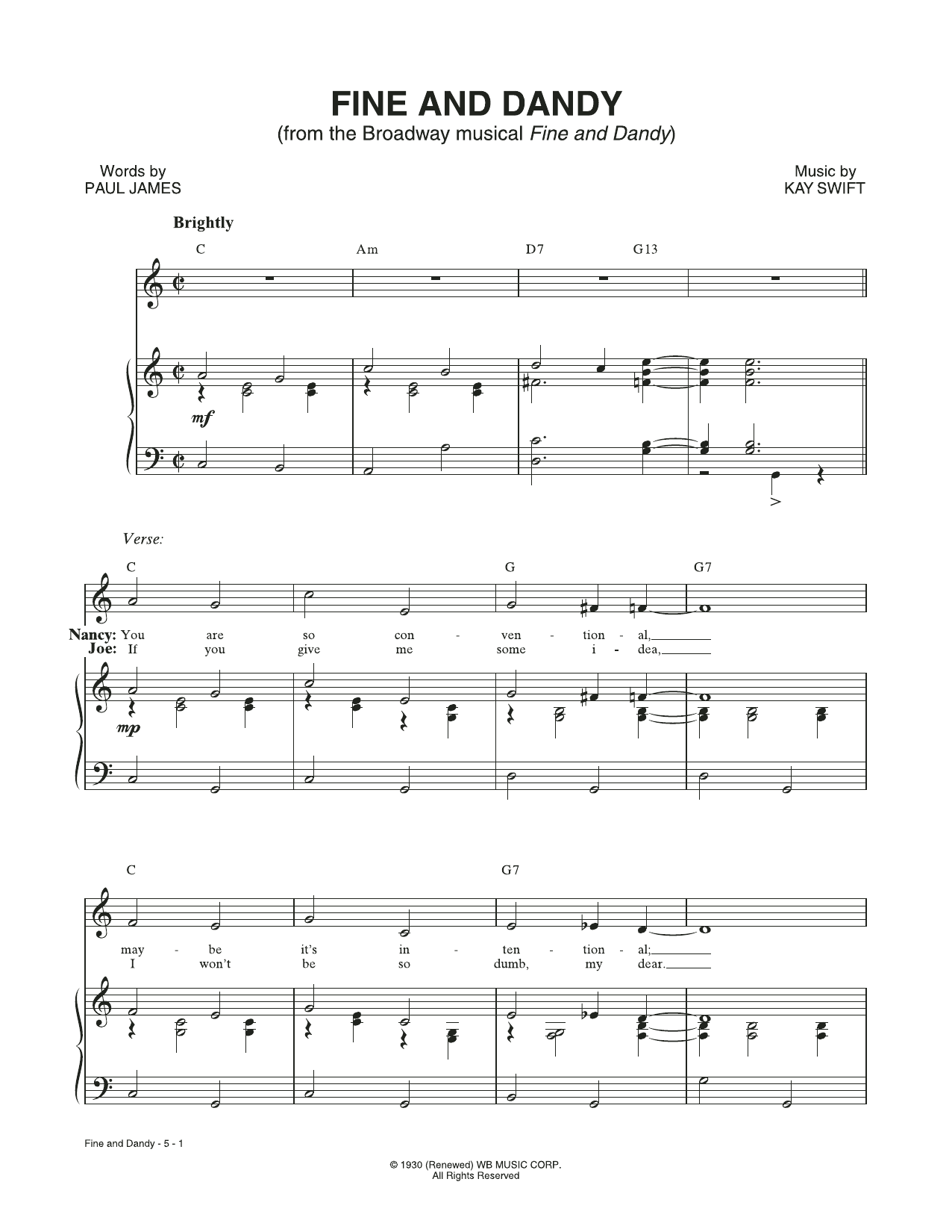 Kay Swift & Paul James Fine And Dandy (from the musical Fine and Dandy) sheet music notes and chords arranged for Piano & Vocal